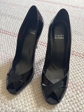 Stuart Weitzman Black Patent Peep-Toe Pumps with Crossover Detail